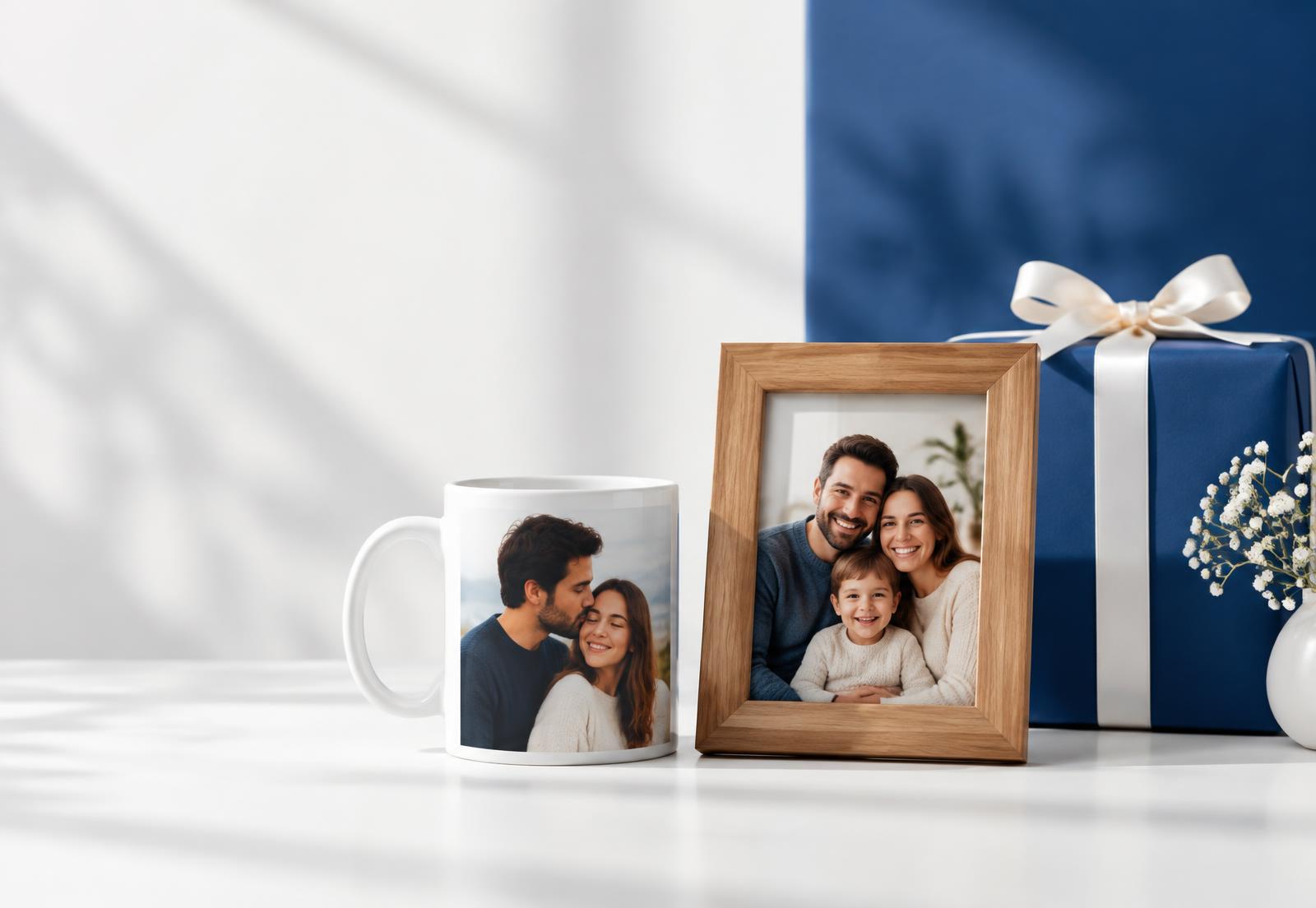 Personalized photo mug, oak photo frame and blue-wrapped gift box